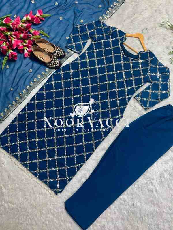 Fancy Faux Georgette Hand-Embroidered Sequence Suit Set with Dupatta - Image 3