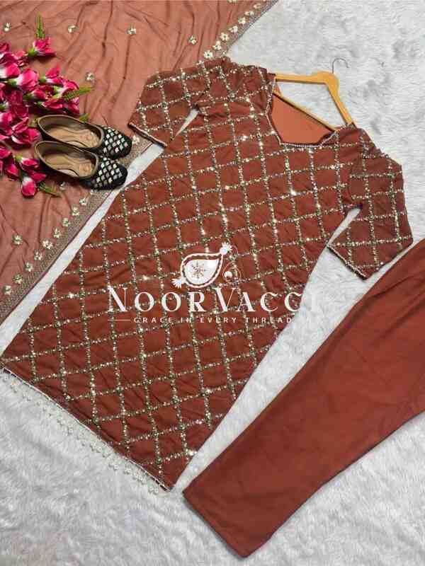 Fancy Faux Georgette Hand-Embroidered Sequence Suit Set with Dupatta - Image 3