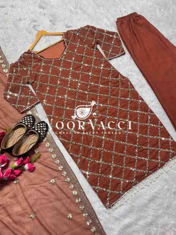 Fancy Faux Georgette Hand-Embroidered Sequence Suit Set with Dupatta - Image 2