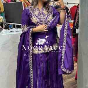 Designer Chinnon Silk Sharara Suit with Heavy Embroidery & Lace Dupatta