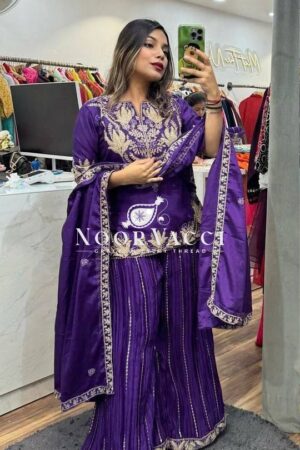 Buy Designer Chinnon Silk Sharara Suit with Heavy Embroidery & Lace Dupatta