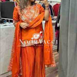 Designer Chinnon Silk Sharara Suit with Heavy Embroidery & Lace Dupatta