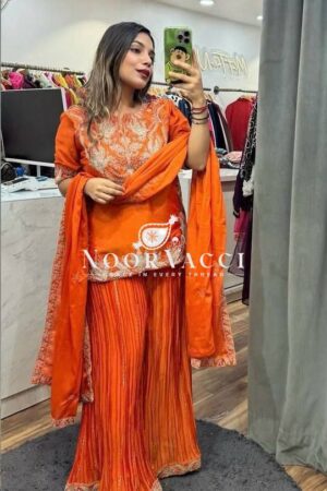 Buy Designer Chinnon Silk Sharara Suit with Heavy Embroidery & Lace Dupatta