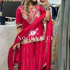 Designer Chinnon Silk Sharara Suit with Heavy Embroidery & Lace Dupatta