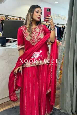 Buy Designer Chinnon Silk Sharara Suit with Heavy Embroidery & Lace Dupatta