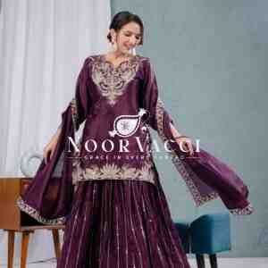 Designer Chinnon Silk Sharara Suit with Heavy Embroidery & Lace Dupatta