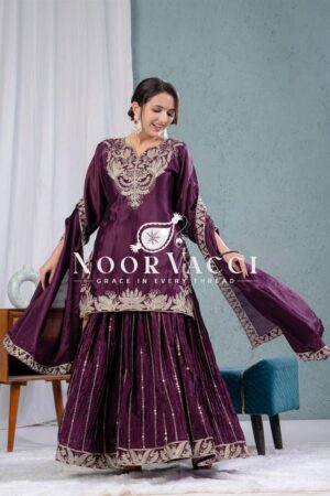Buy Designer Chinnon Silk Sharara Suit with Heavy Embroidery & Lace Dupatta