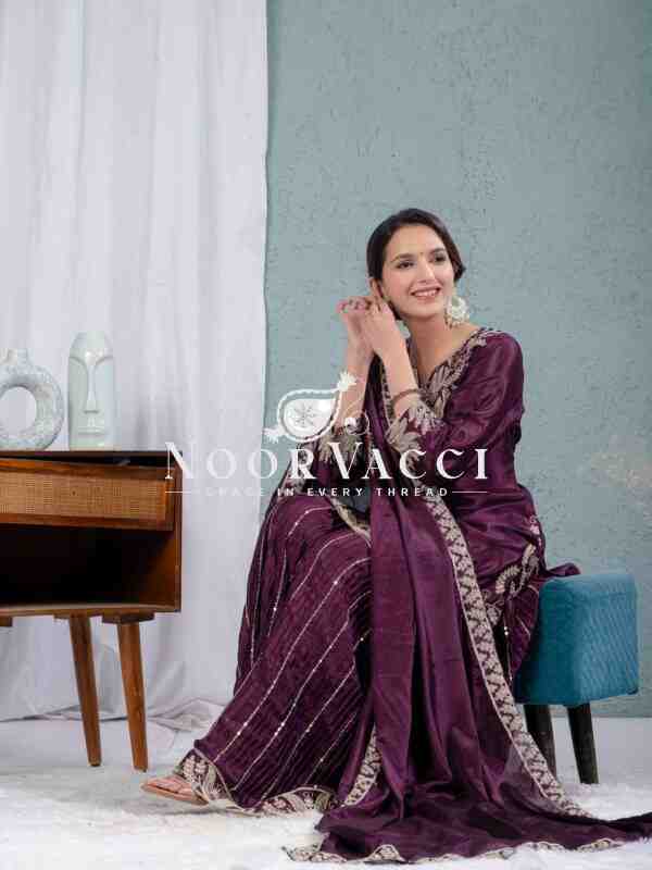 Designer Chinnon Silk Sharara Suit with Heavy Embroidery & Lace Dupatta - Image 2