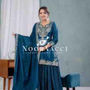 Designer Chinnon Silk Sharara Suit with Heavy Embroidery & Lace Dupatta