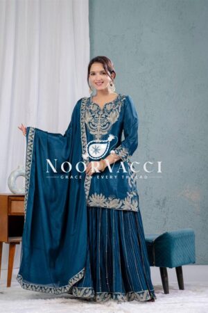 Buy Designer Chinnon Silk Sharara Suit with Heavy Embroidery & Lace Dupatta