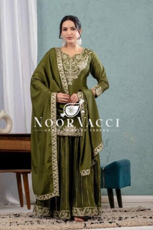 Buy Designer Chinnon Silk Sharara Suit with Heavy Embroidery & Lace Dupatta