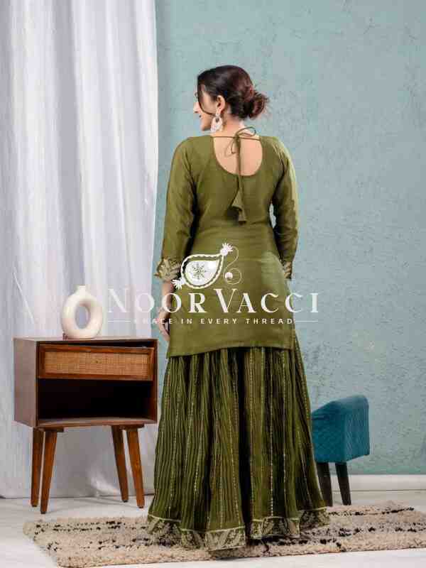 Designer Chinnon Silk Sharara Suit with Heavy Embroidery & Lace Dupatta - Image 3