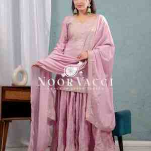 Designer Chinnon Silk Sharara Suit with Heavy Embroidery & Lace Dupatta