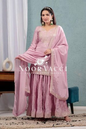 Buy Designer Chinnon Silk Sharara Suit with Heavy Embroidery & Lace Dupatta