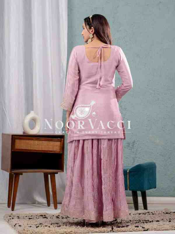 Designer Chinnon Silk Sharara Suit with Heavy Embroidery & Lace Dupatta - Image 3
