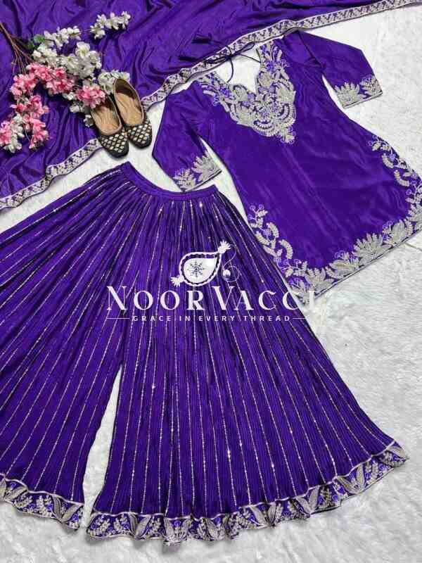 Designer Chinnon Silk Sharara Suit with Heavy Embroidery & Lace Dupatta - Image 3