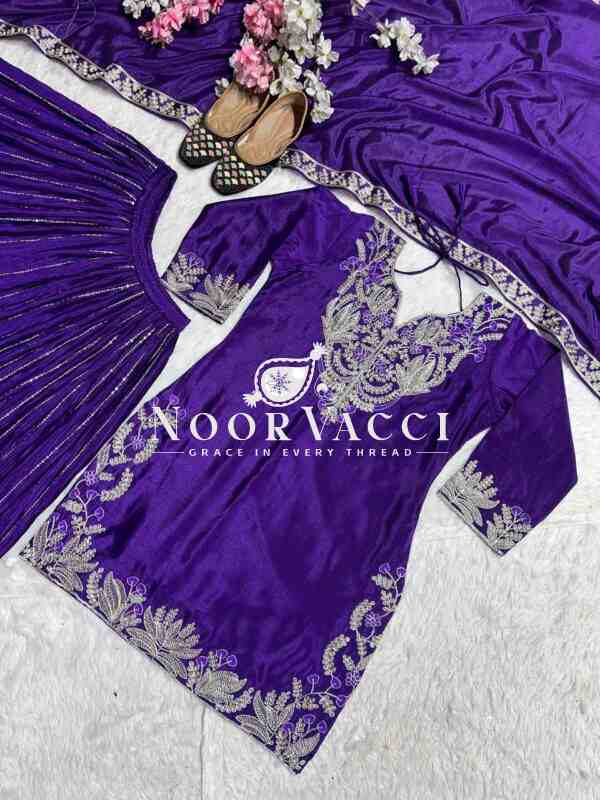 Designer Chinnon Silk Sharara Suit with Heavy Embroidery & Lace Dupatta - Image 4