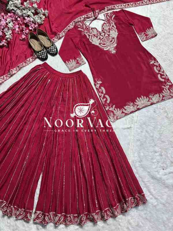 Designer Chinnon Silk Sharara Suit with Heavy Embroidery & Lace Dupatta - Image 3