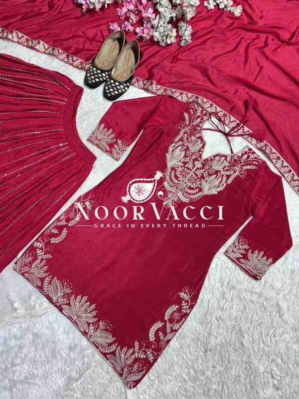 Designer Chinnon Silk Sharara Suit with Heavy Embroidery & Lace Dupatta - Image 4