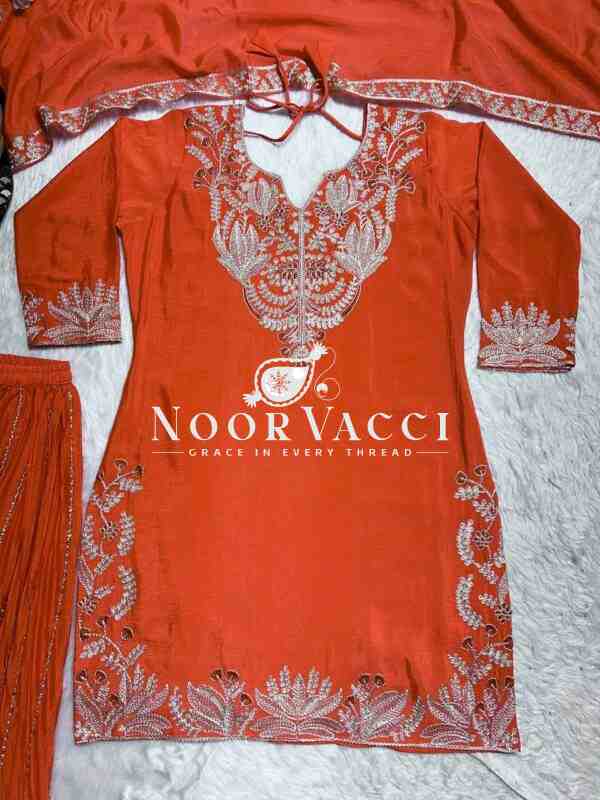 Designer Chinnon Silk Sharara Suit with Heavy Embroidery & Lace Dupatta - Image 4