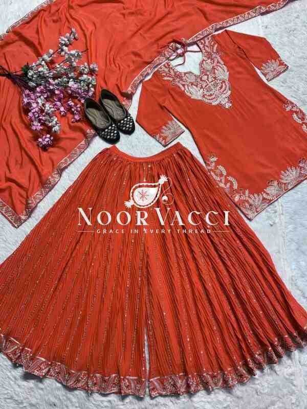 Designer Chinnon Silk Sharara Suit with Heavy Embroidery & Lace Dupatta - Image 2