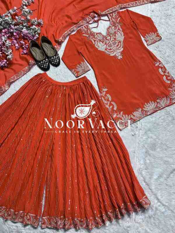 Designer Chinnon Silk Sharara Suit with Heavy Embroidery & Lace Dupatta - Image 3