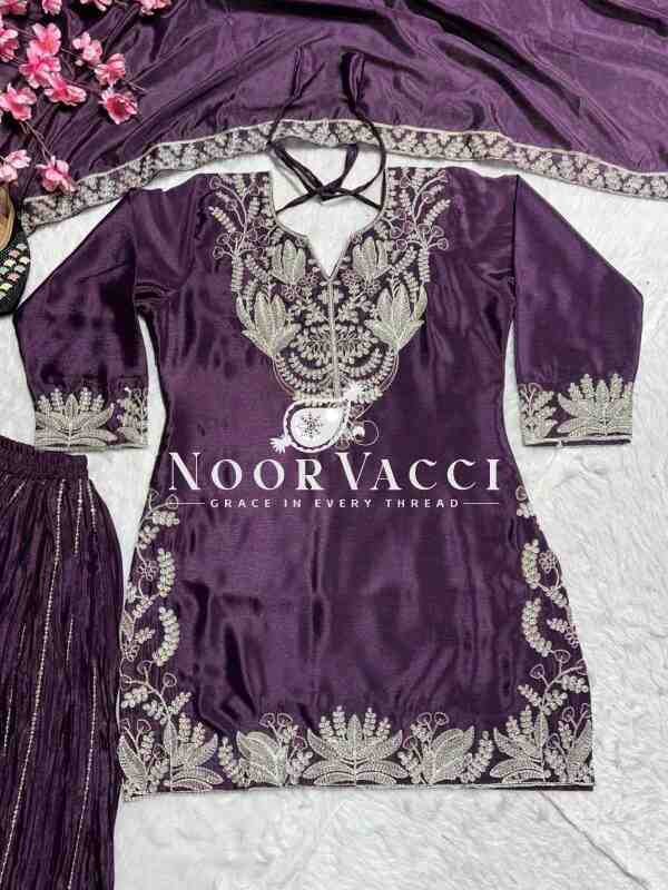 Designer Chinnon Silk Sharara Suit with Heavy Embroidery & Lace Dupatta - Image 5