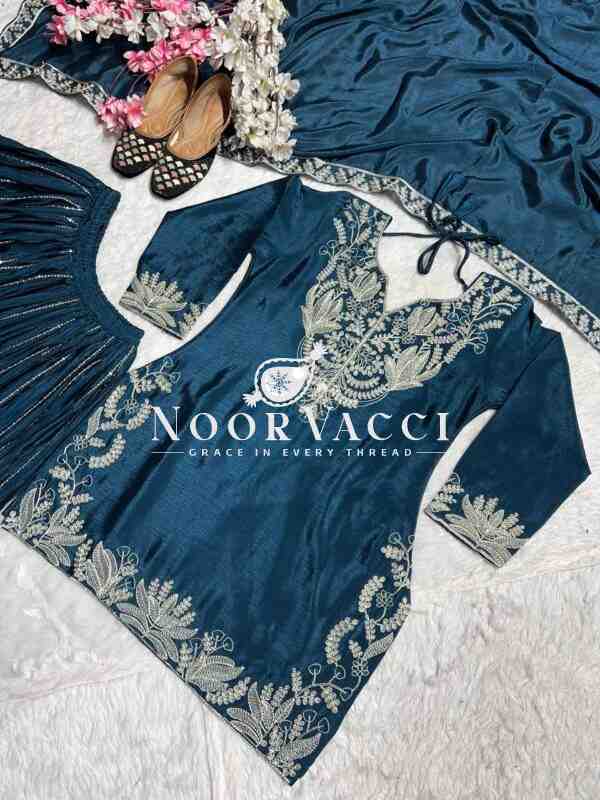 Designer Chinnon Silk Sharara Suit with Heavy Embroidery & Lace Dupatta - Image 5