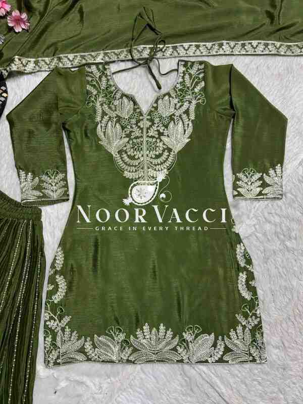 Designer Chinnon Silk Sharara Suit with Heavy Embroidery & Lace Dupatta - Image 4