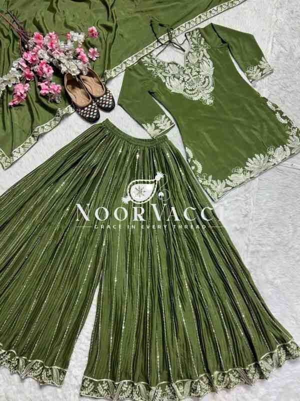 Designer Chinnon Silk Sharara Suit with Heavy Embroidery & Lace Dupatta - Image 5