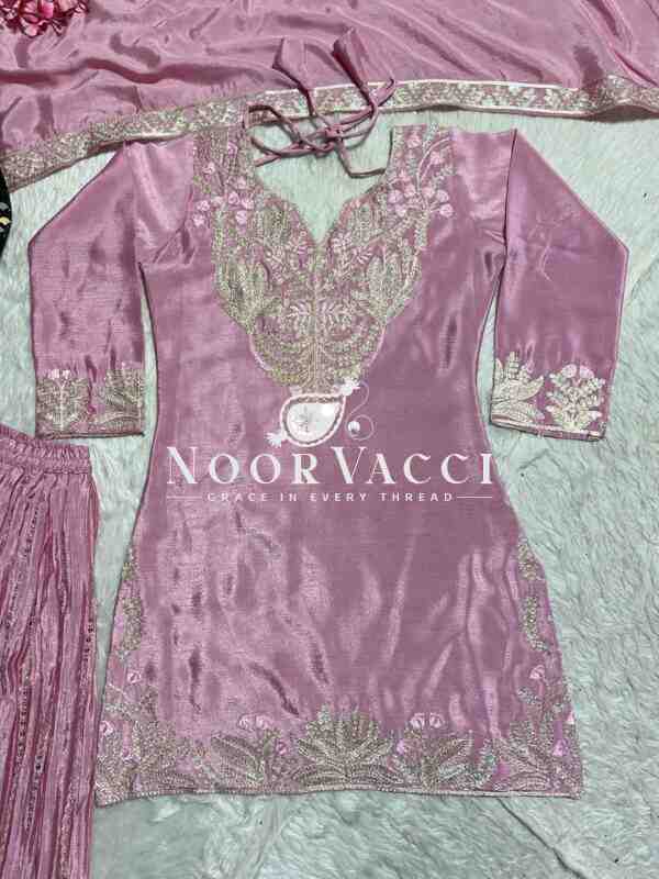 Designer Chinnon Silk Sharara Suit with Heavy Embroidery & Lace Dupatta - Image 4