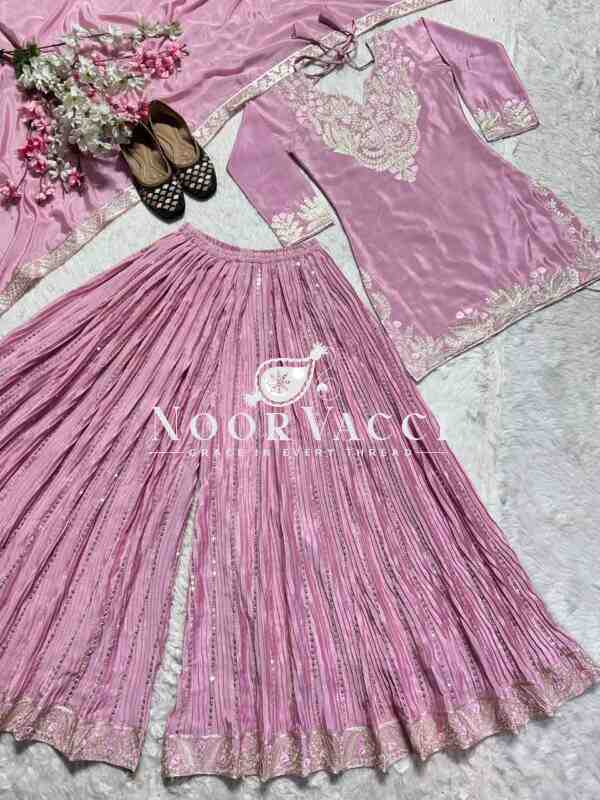 Designer Chinnon Silk Sharara Suit with Heavy Embroidery & Lace Dupatta - Image 6
