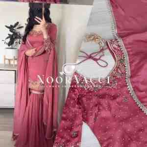 Elegant Chinnon Silk Sharara Suit with Moti Handwork and Fancy Borders