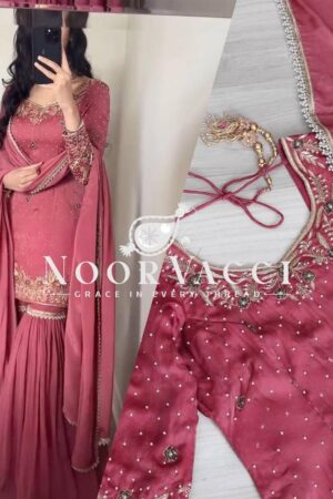 Shop Elegant Chinnon Silk Sharara Suit with Moti Handwork and Fancy Borders