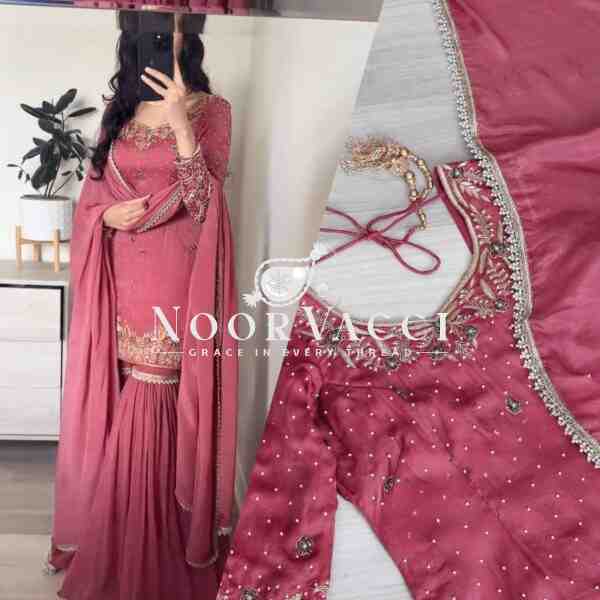 Elegant Chinnon Silk Sharara Suit with Moti Handwork and Fancy Borders