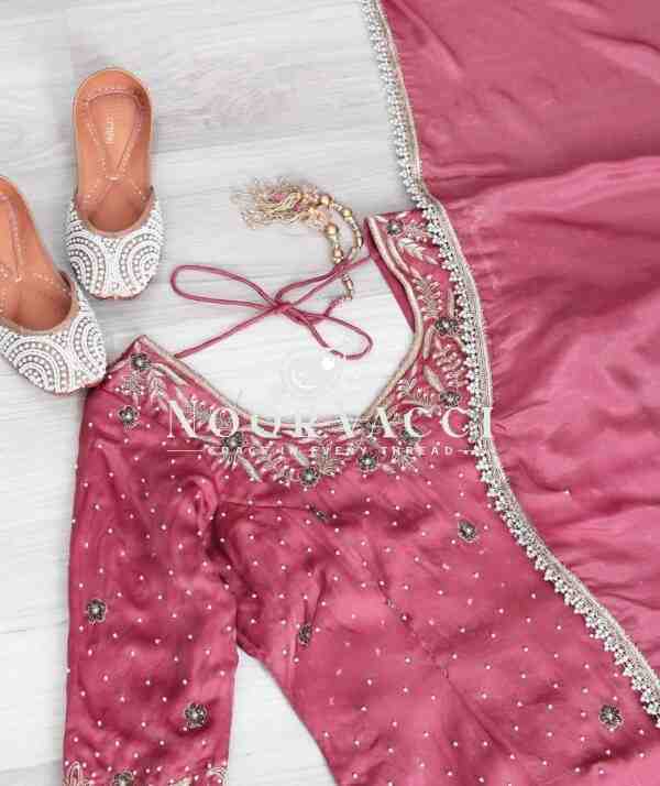 Elegant Chinnon Silk Sharara Suit with Moti Handwork and Fancy Borders - Image 5