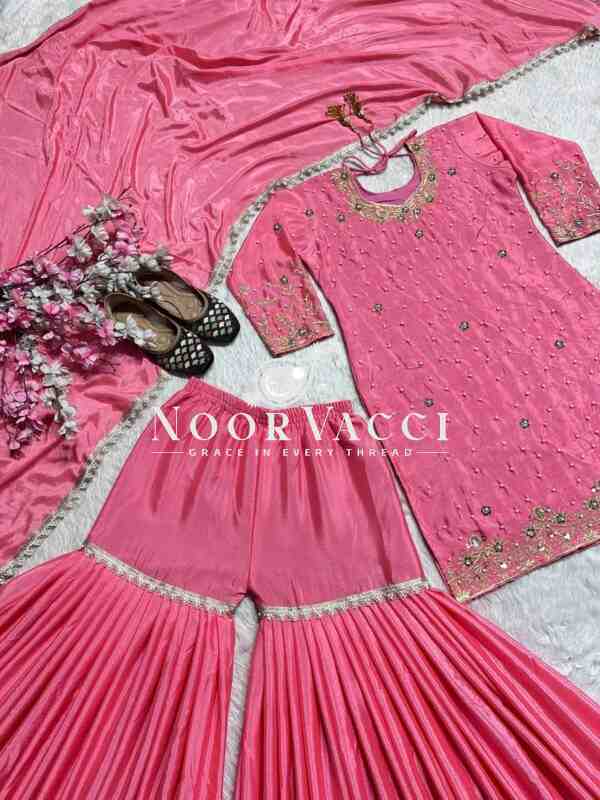 Elegant Chinnon Silk Sharara Suit with Moti Handwork and Fancy Borders - Image 6