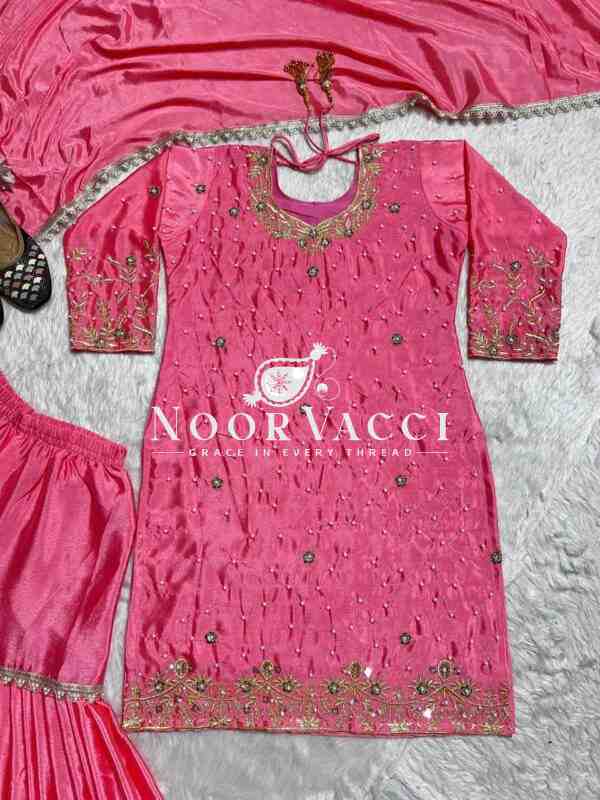 Elegant Chinnon Silk Sharara Suit with Moti Handwork and Fancy Borders - Image 7