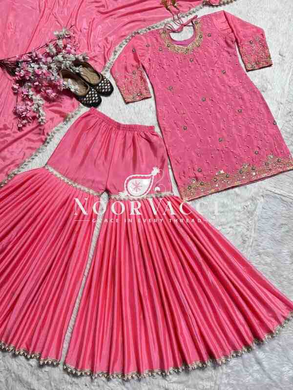 Elegant Chinnon Silk Sharara Suit with Moti Handwork and Fancy Borders - Image 2
