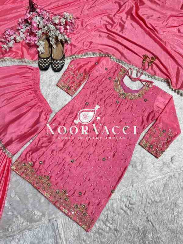 Elegant Chinnon Silk Sharara Suit with Moti Handwork and Fancy Borders - Image 3