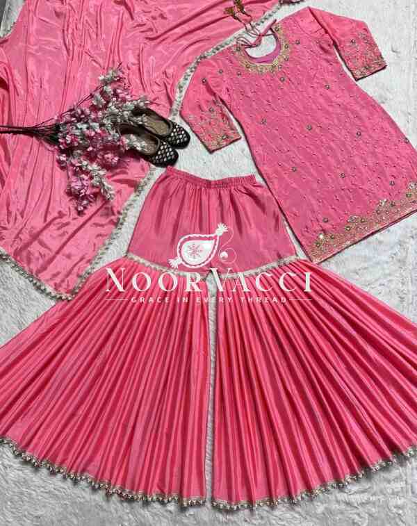 Elegant Chinnon Silk Sharara Suit with Moti Handwork and Fancy Borders - Image 4