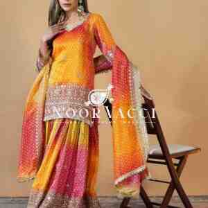 Chinon Silk Digital Print Set with Real Mirror Work and Dupatta