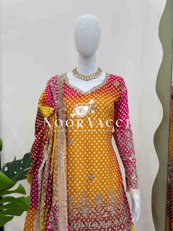 Chinon Silk Digital Print Set with Real Mirror Work and Dupatta - Image 13