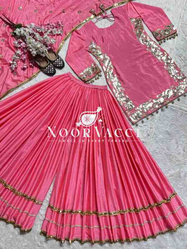 Designer Chinnon Silk Embroidered Party Wear Top-Plazzo Set with Dupatta - Image 10