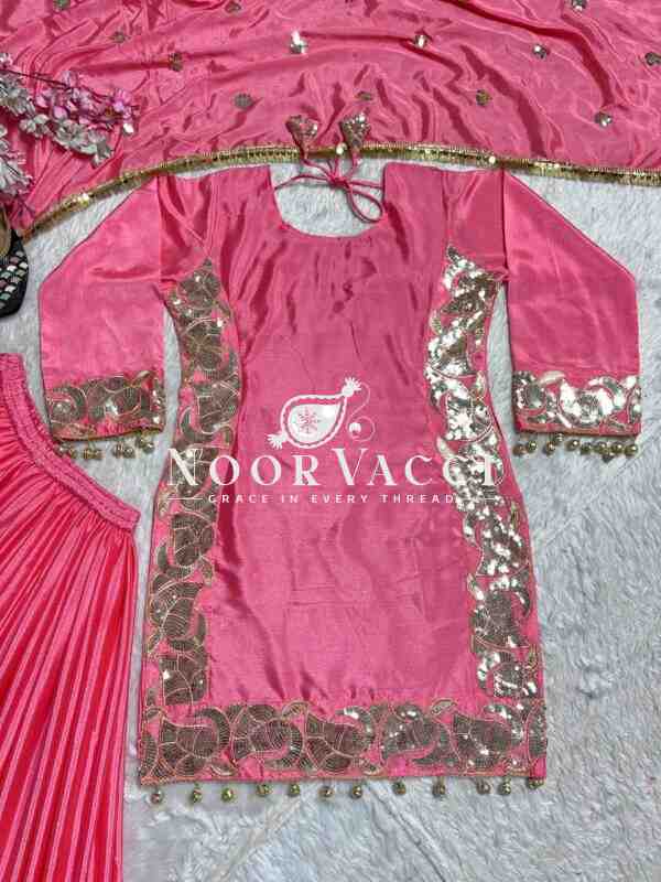 Designer Chinnon Silk Embroidered Party Wear Top-Plazzo Set with Dupatta - Image 7