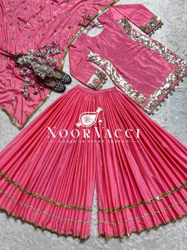 Designer Chinnon Silk Embroidered Party Wear Top-Plazzo Set with Dupatta - Image 8
