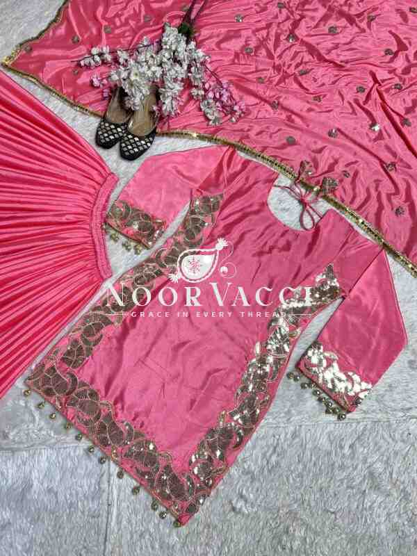 Designer Chinnon Silk Embroidered Party Wear Top-Plazzo Set with Dupatta - Image 9