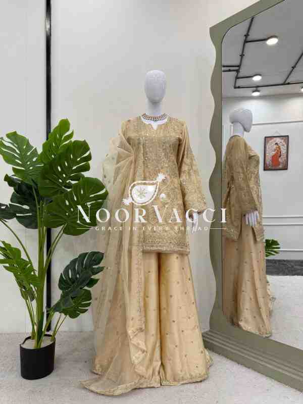 Chinon Silk Eid Special Set with Plazo and Cutwork Organza Dupatta - Image 4