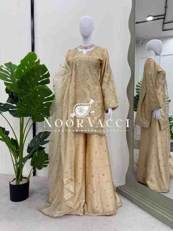 Chinon Silk Eid Special Set with Plazo and Cutwork Organza Dupatta - Image 5