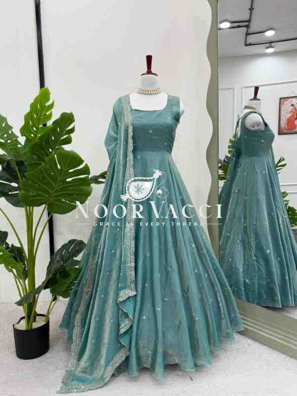 Fandy Silk Eid Special Gown Set with Cutwork Dupatta - Image 4